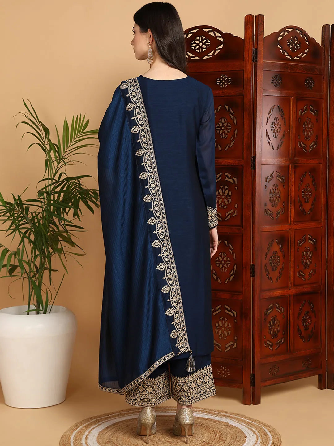 Navy Blue Embroidered Kurta Palazzo Set | Women's Palazzo Pant...