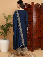 Women Navy Blue Silk Blend Embroidered Straight Kurta Palazzo Set With Dupatta