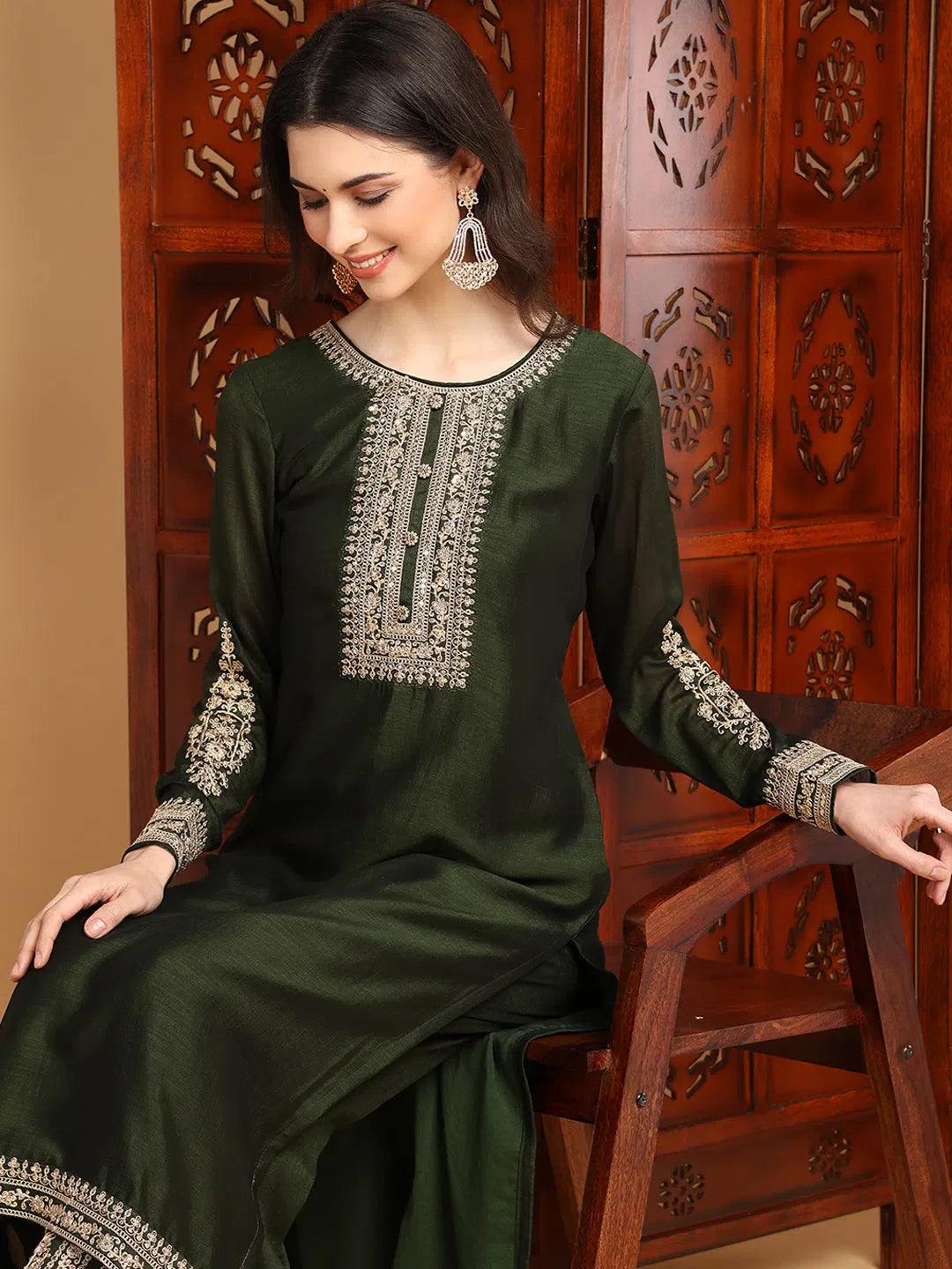 Olive Embroidered Kurta Palazzo Set | Women's Elegant Style