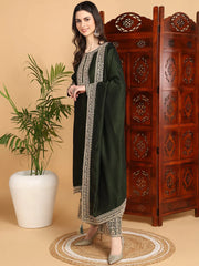 Women Olive Silk Blend Embroidered Straight Kurta Palazzo Set With Dupatta