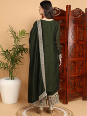 Women Olive Silk Blend Embroidered Straight Kurta Palazzo Set With Dupatta