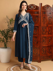 Women Teal Georgette Solid Embroidered Flared Kurta Trouser With Dupatta