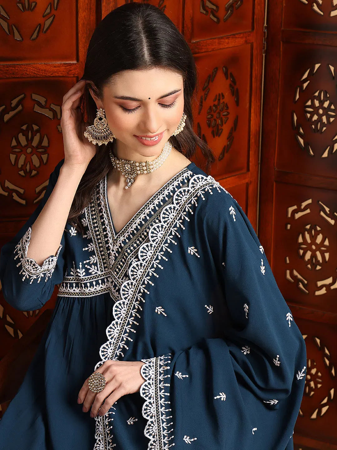 Teal Embroidered Georgette Flared Kurta Trouser Dupatta Set