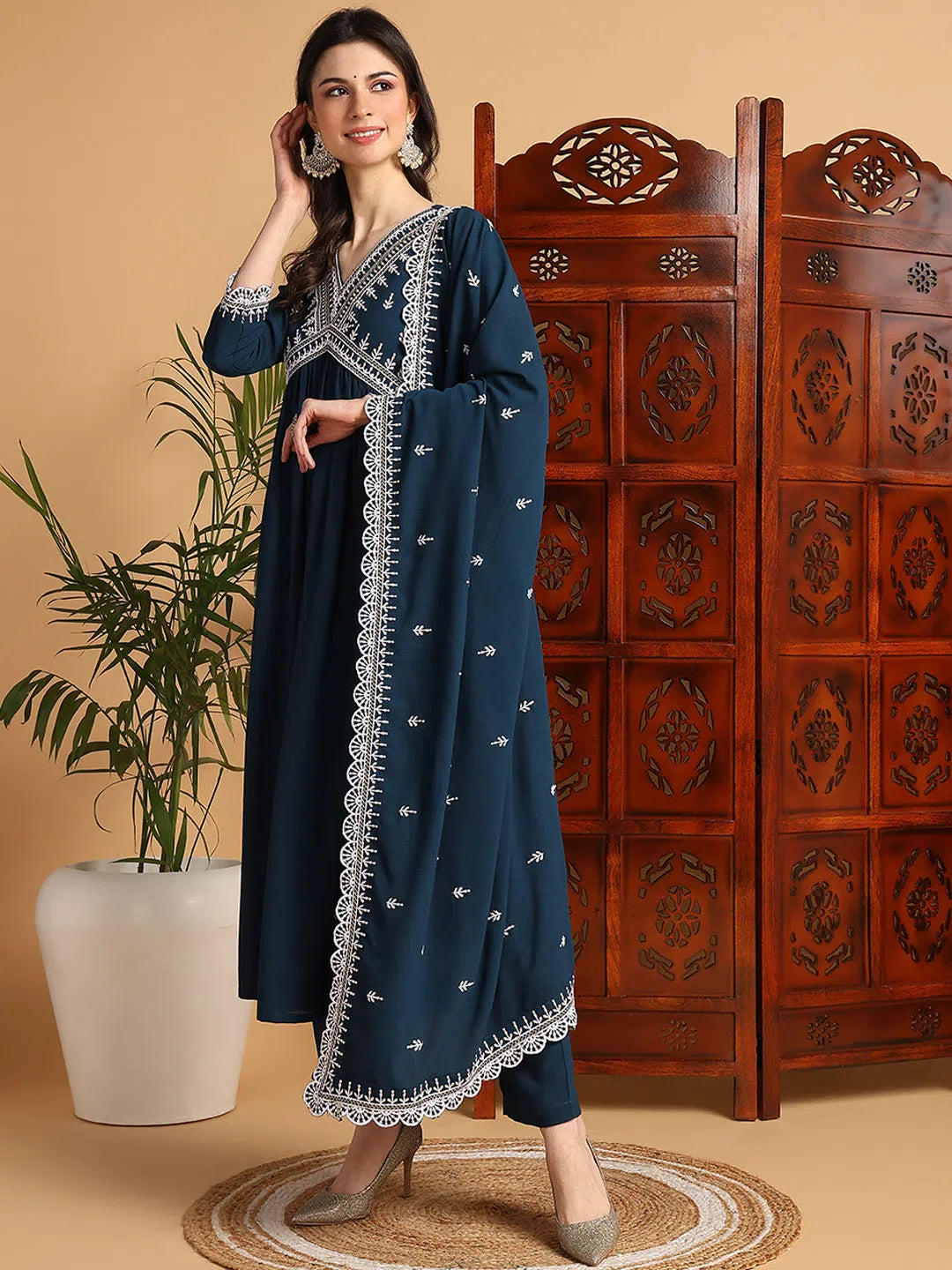 Teal Embroidered Georgette Flared Kurta Trouser Dupatta Set