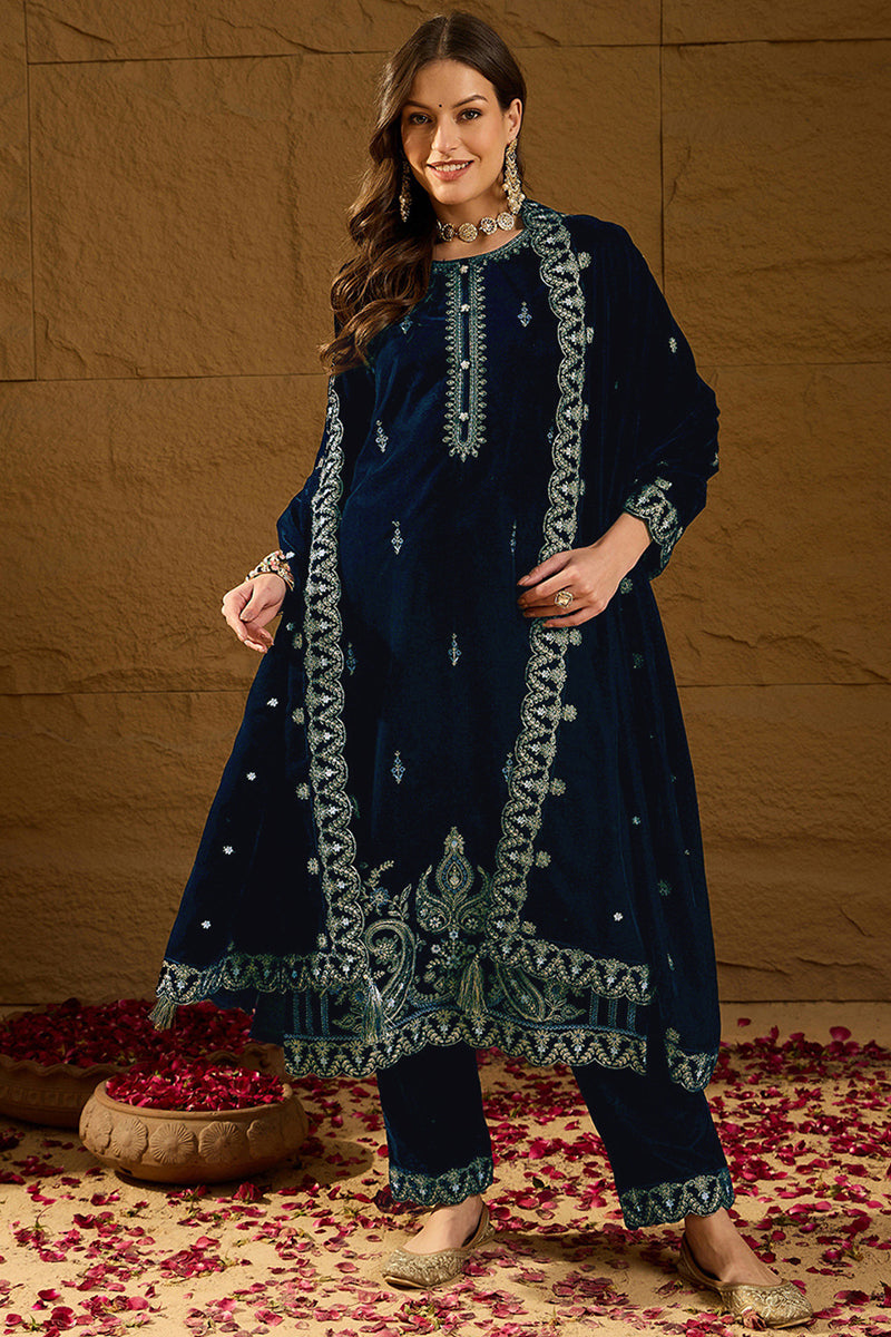 Blue Velvet Solid Embroidered Straight Trousers Suit Set PKSKD2277 | D