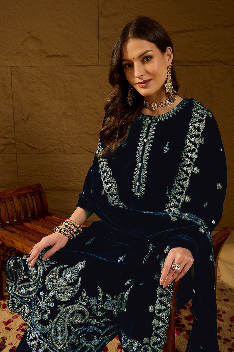 Blue Velvet Solid Embroidered Straight Trousers Suit Set PKSKD2277 | D