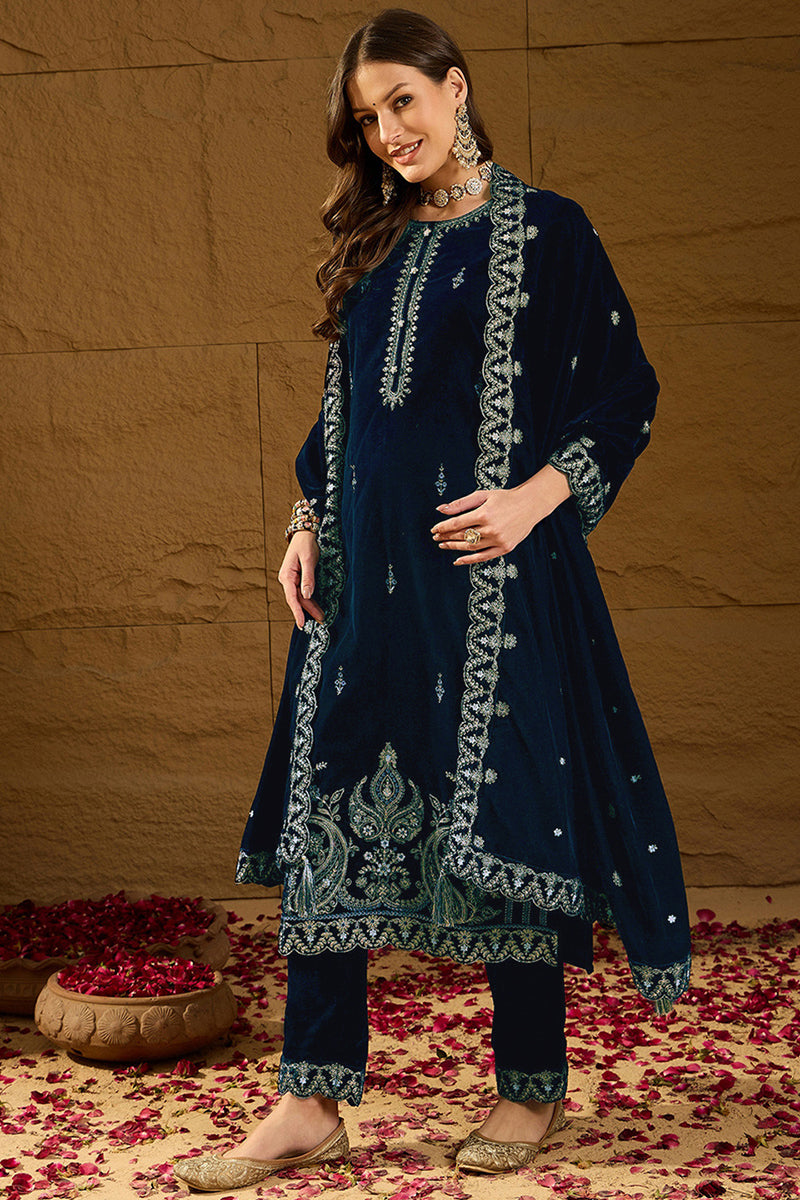 Blue Velvet Solid Embroidered Straight Trousers Suit Set PKSKD2277 | D