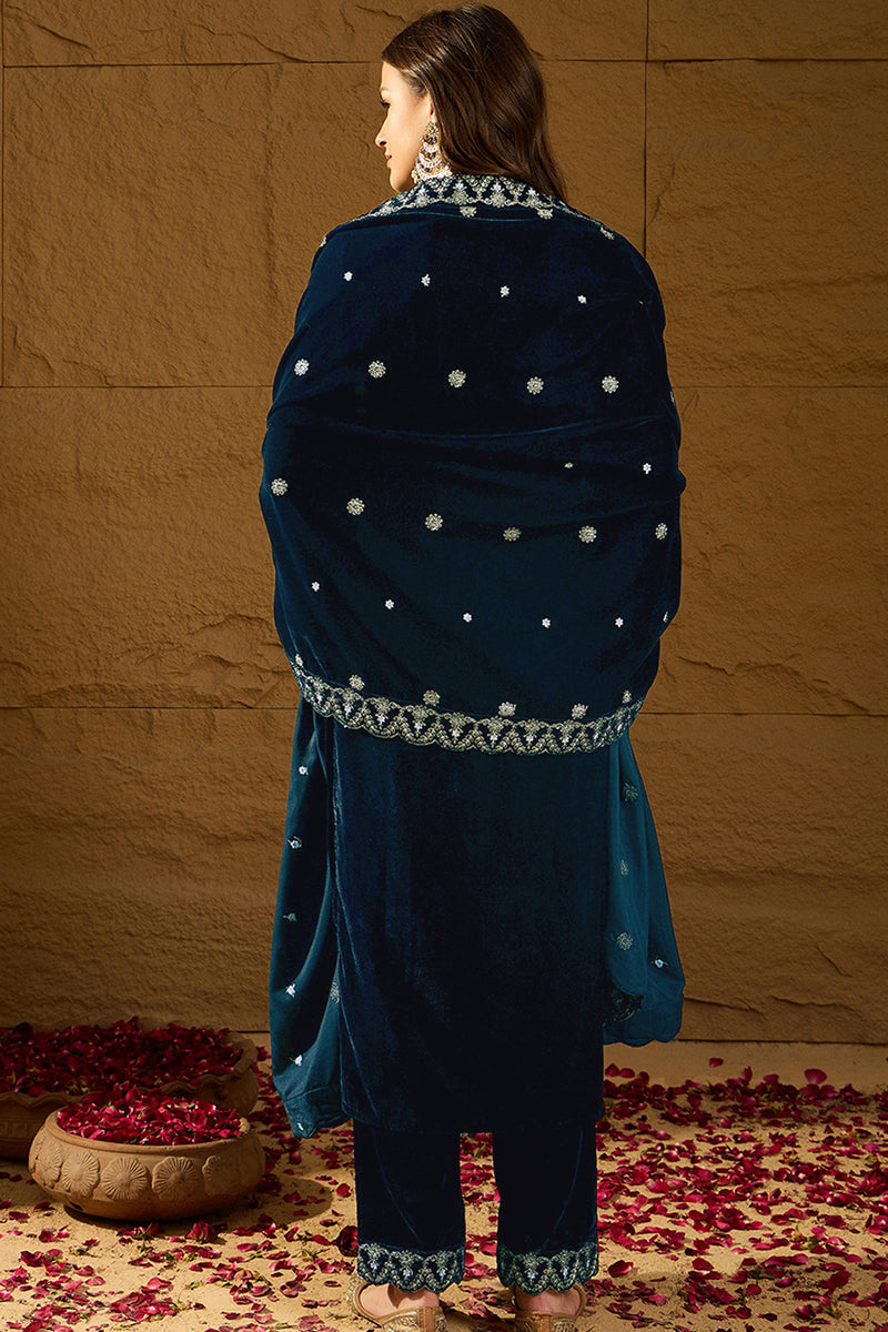 Blue Velvet Solid Embroidered Straight Trousers Suit Set PKSKD2277 | D