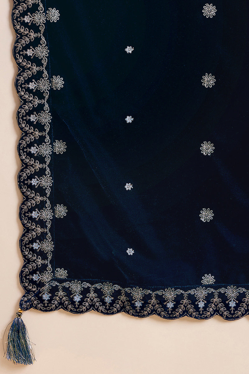 Blue Velvet Solid Embroidered Straight Trousers Suit Set PKSKD2277 | D
