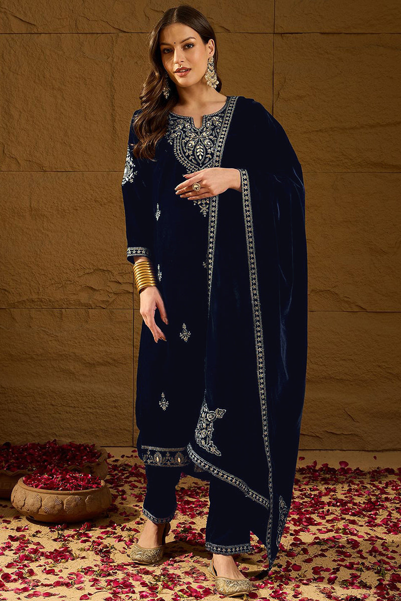 Navy Blue Velvet Solid Embroidered Straight Trousers Suit Set PKSKD228