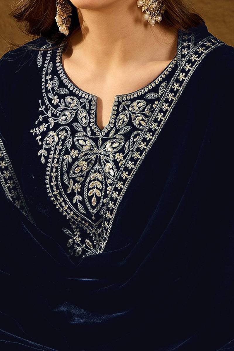 Navy Blue Velvet Solid Embroidered Straight Trousers Suit Set PKSKD228
