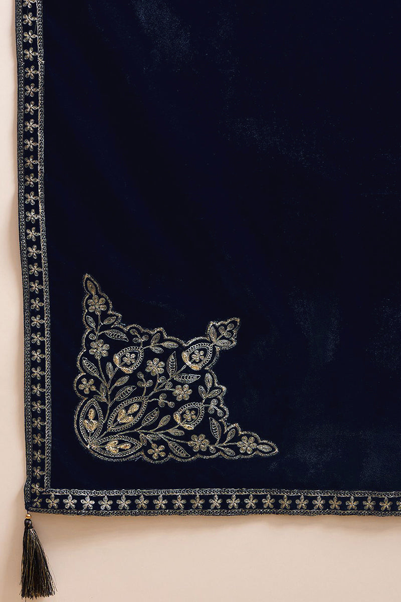 Navy Blue Velvet Solid Embroidered Straight Trousers Suit Set PKSKD228