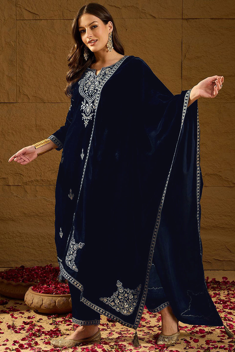 Navy Blue Velvet Solid Embroidered Straight Trousers Suit Set PKSKD228