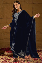 Navy Blue Velvet Solid Embroidered Straight Trousers Suit Set PKSKD2286