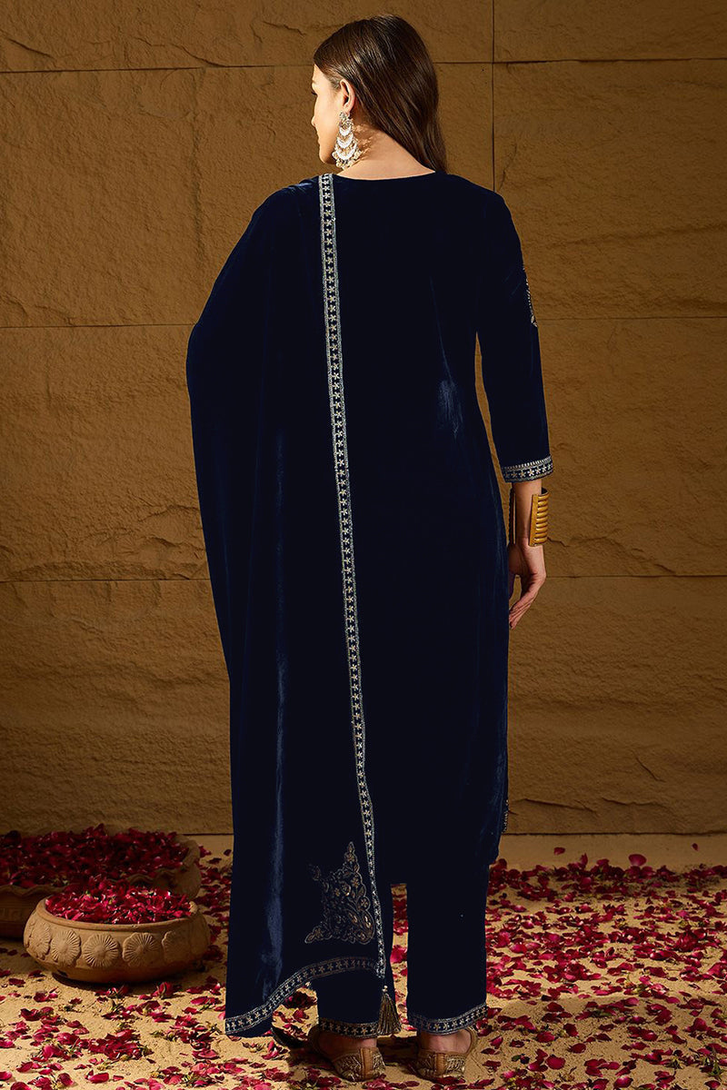 Navy Blue Velvet Solid Embroidered Straight Trousers Suit Set PKSKD228