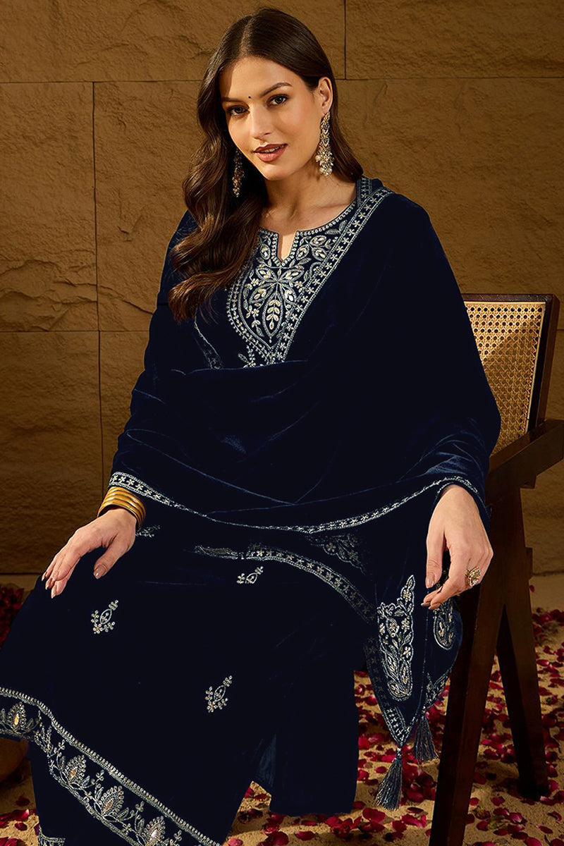 Navy Blue Velvet Solid Embroidered Straight Trousers Suit Set PKSKD228