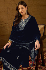 Navy Blue Velvet Solid Embroidered Straight Trousers Suit Set PKSKD2286
