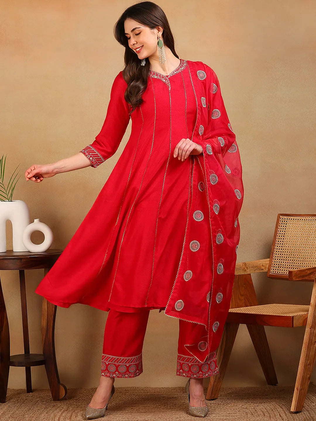 Red Embroidered Anarkali Kurta Set with Dupatta | Women's Kurta