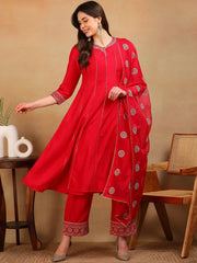 Women Red Silk Blend Embroidered Anarkali Kurta Pant Set With Dupatta-PKSKD2289