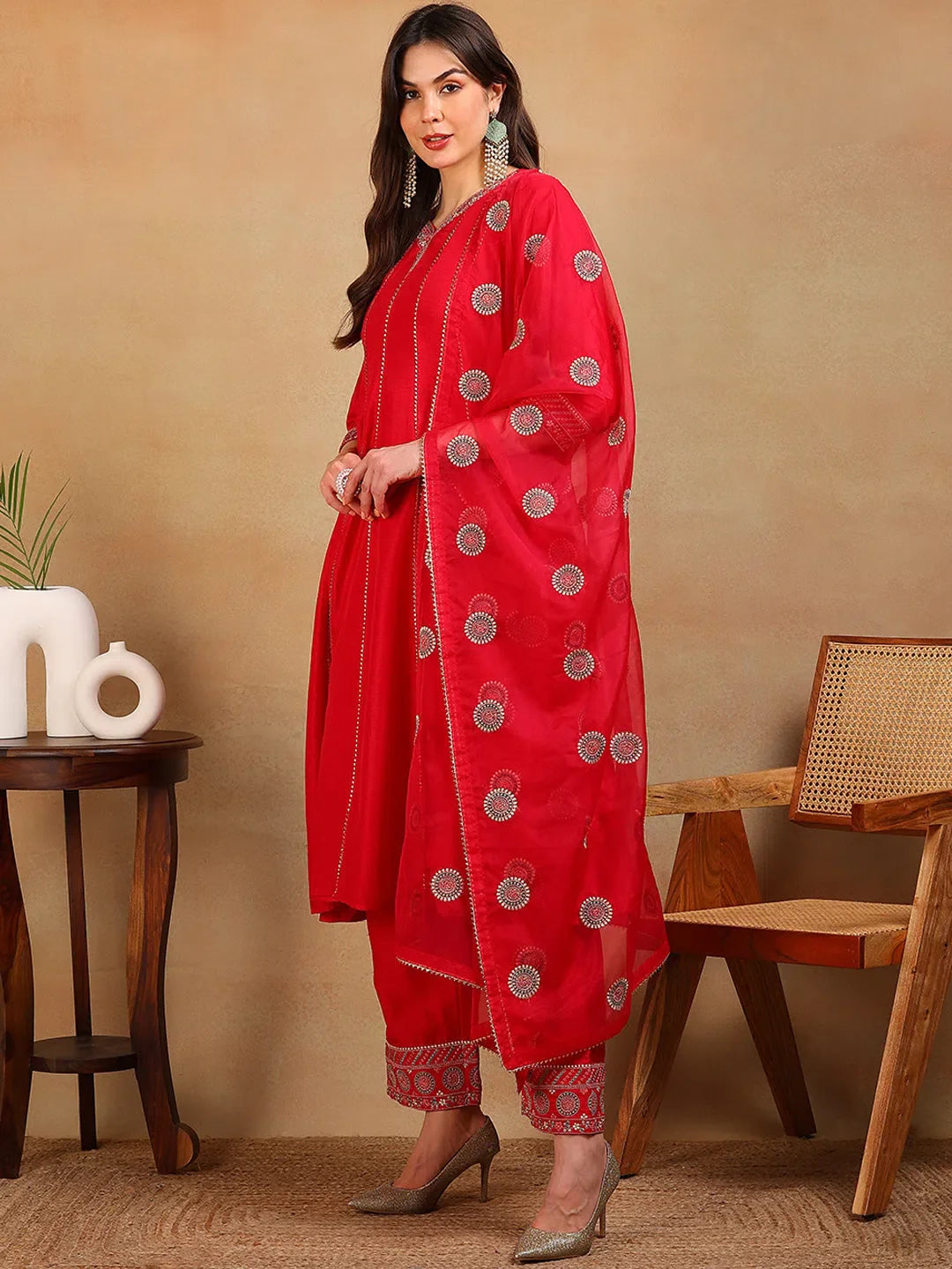 Red Embroidered Anarkali Kurta Set with Dupatta | Women's Kurta
