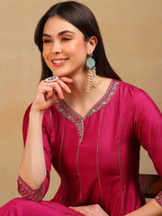 Women Purple Silk Blend Embroidered Anarkali Kurta Pant Set With Dupatta