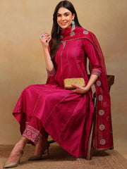 Women Purple Silk Blend Embroidered Anarkali Kurta Pant Set With Dupatta