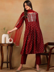 Women Maroon Silk Blend Woven Design A-Line Kurta Pant Set With Dupatta