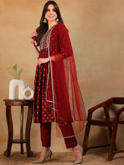 Women Maroon Silk Blend Woven Design A-Line Kurta Pant Set With Dupatta