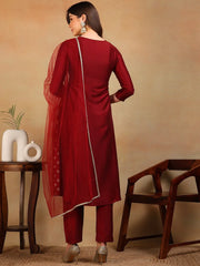 Women Maroon Silk Blend Woven Design A-Line Kurta Pant Set With Dupatta