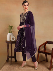 Women Purple Silk Blend Woven Design A-Line Kurta Pant Set With Dupatta