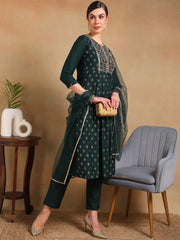 Women Green Silk Blend Woven Design A-Line Kurta Pant Set With Dupatta