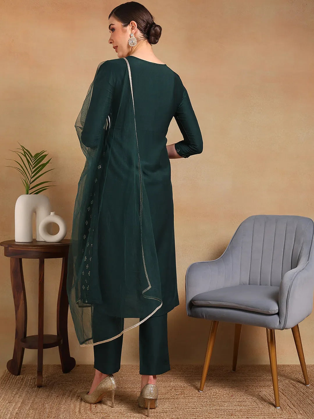 Green Woven Design Women's Kurta Set With Dupatta | Indian Kurta