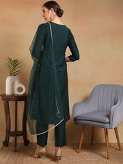 Women Green Silk Blend Woven Design A-Line Kurta Pant Set With Dupatta
