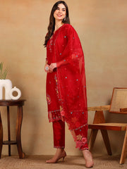 Women Red Silk Blend Embroidered Straight Kurta Pant Set With Dupatta-PKSKD2298
