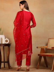 Women Red Silk Blend Embroidered Straight Kurta Pant Set With Dupatta-PKSKD2298