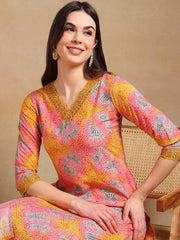 Women Yellow Viscose Rayon Printed Straight Kurta Pant Set With Dupatta