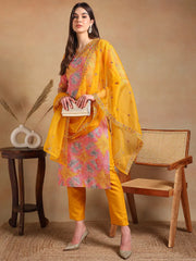 Women Yellow Viscose Rayon Printed Straight Kurta Pant Set With Dupatta