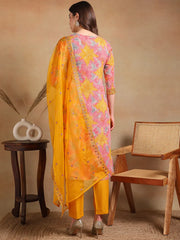 Women Yellow Viscose Rayon Printed Straight Kurta Pant Set With Dupatta
