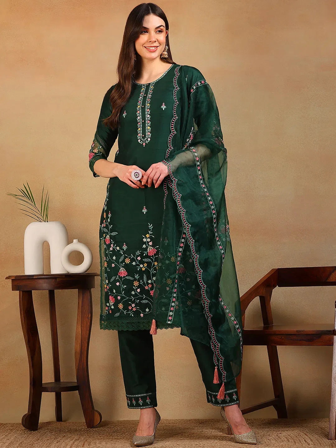 Olive Silk Blend Women's Kurta Sets | Embroidered Indian Kurta