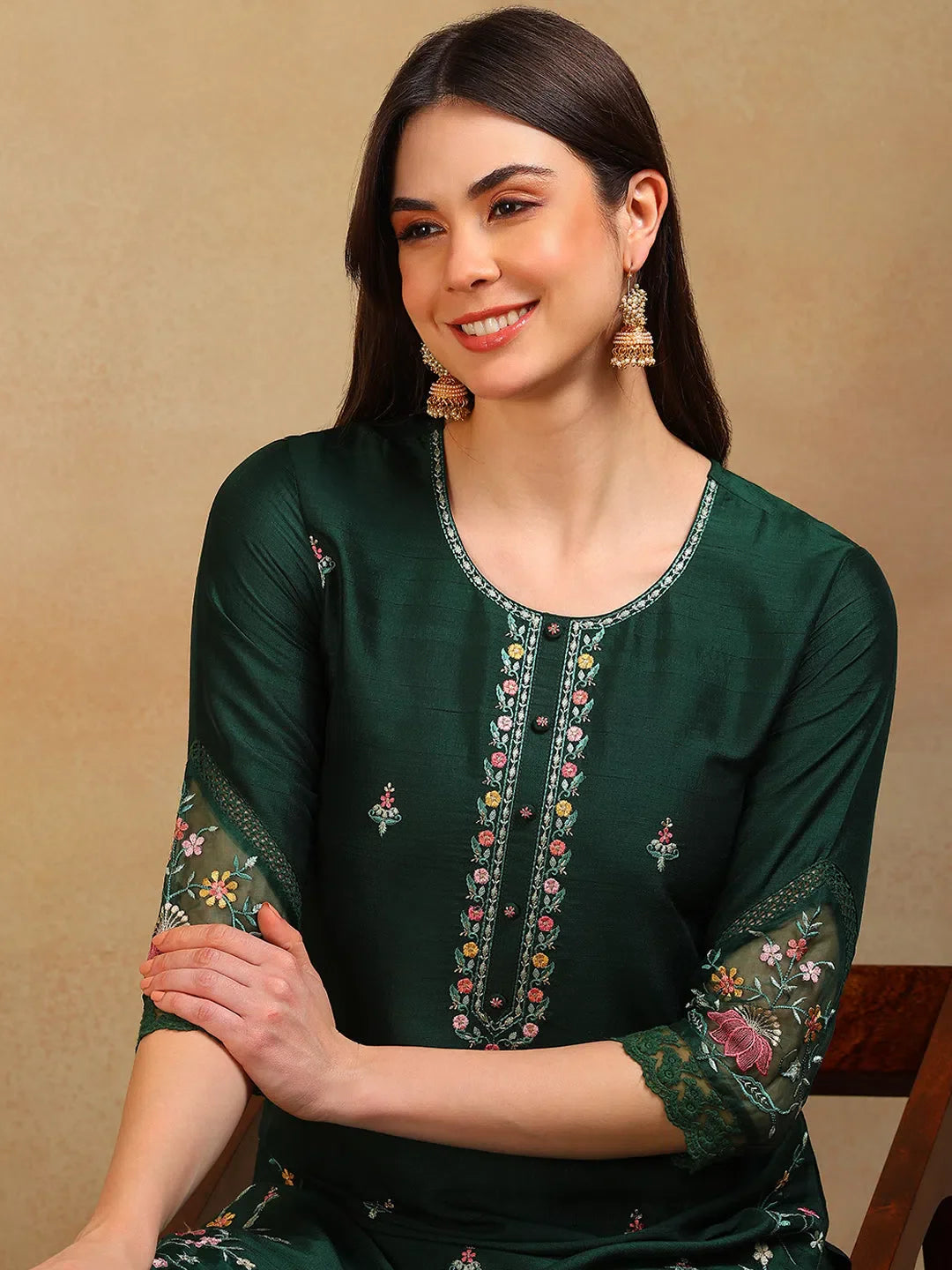 Olive Silk Blend Women's Kurta Sets | Embroidered Indian Kurta