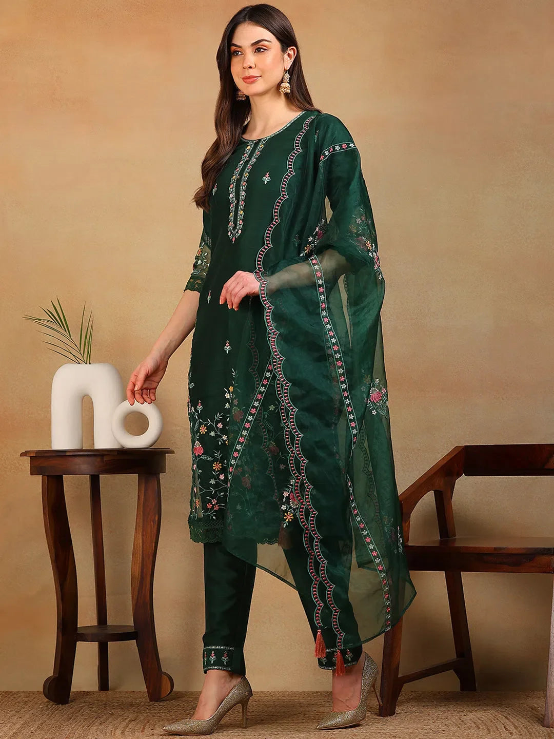 Olive Silk Blend Women's Kurta Sets | Embroidered Indian Kurta