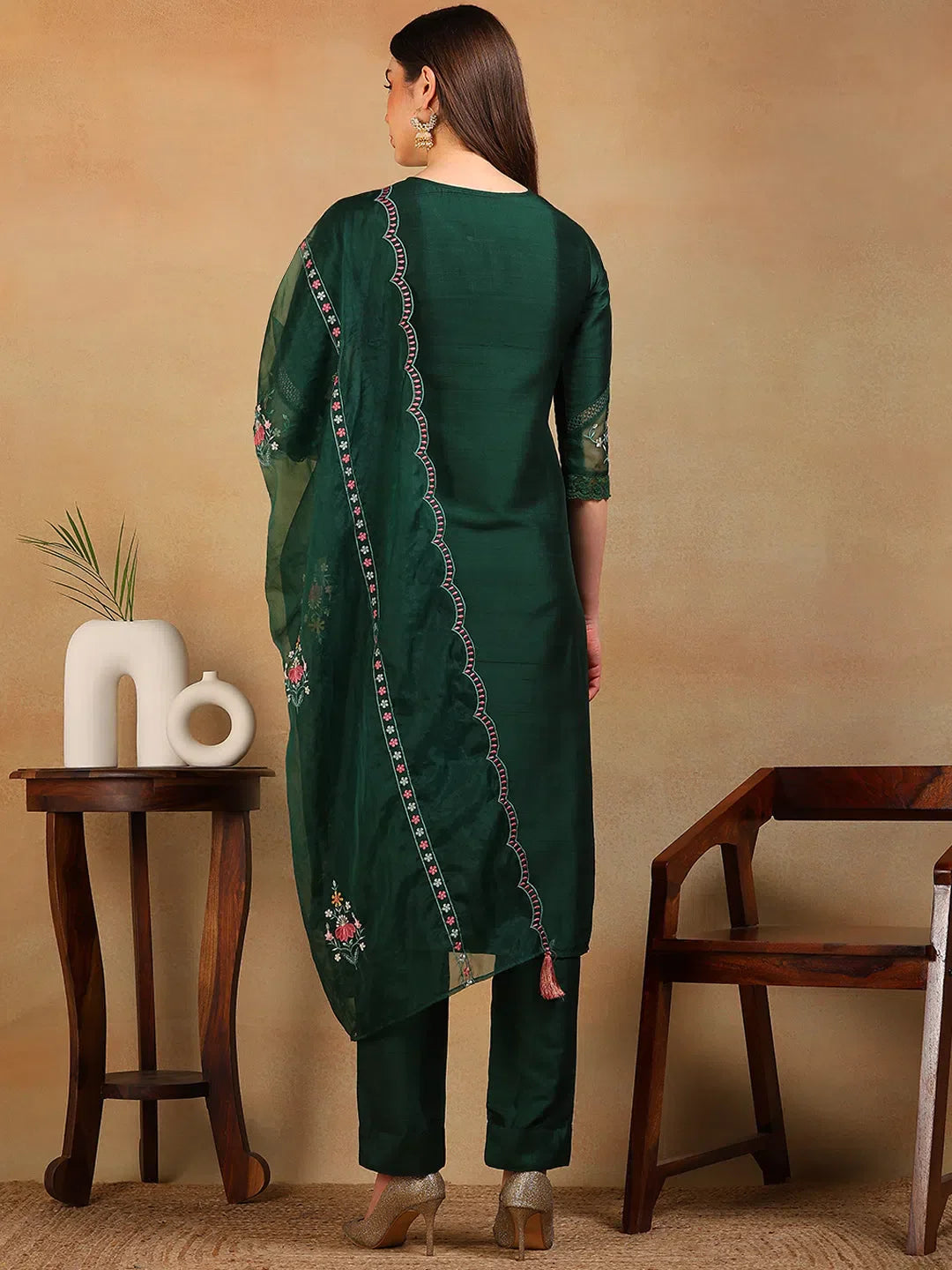 Olive Silk Blend Women's Kurta Sets | Embroidered Indian Kurta