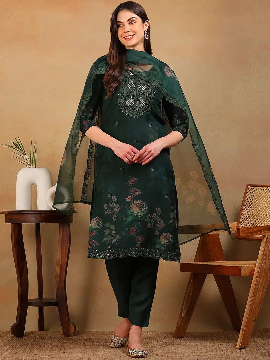 Green Floral Kurta Set With Dupatta | Women's Indian Kurta Sets