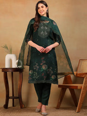 Women Green Organza Embroidered Straight Kurta Pant Set With Dupatta-PKSKD2303