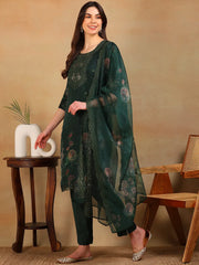 Women Green Organza Embroidered Straight Kurta Pant Set With Dupatta-PKSKD2303