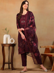 Women Purple Organza Embroidered Straight Kurta Pant Set With Dupatta