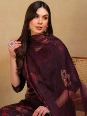 Women Purple Organza Embroidered Straight Kurta Pant Set With Dupatta