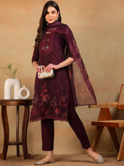 Women Purple Organza Embroidered Straight Kurta Pant Set With Dupatta
