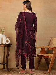 Women Purple Organza Embroidered Straight Kurta Pant Set With Dupatta