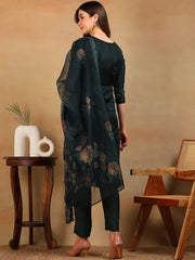 Women Green Organza Embroidered Straight Kurta Pant Set With Dupatta-PKSKD2305